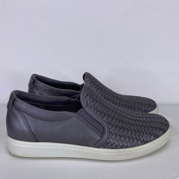 ECCO Soft 7 Woven Leather Slip On Sneakers Sz 5.5 Gravity Gray Metallic Comfort - Picture 2 of 10